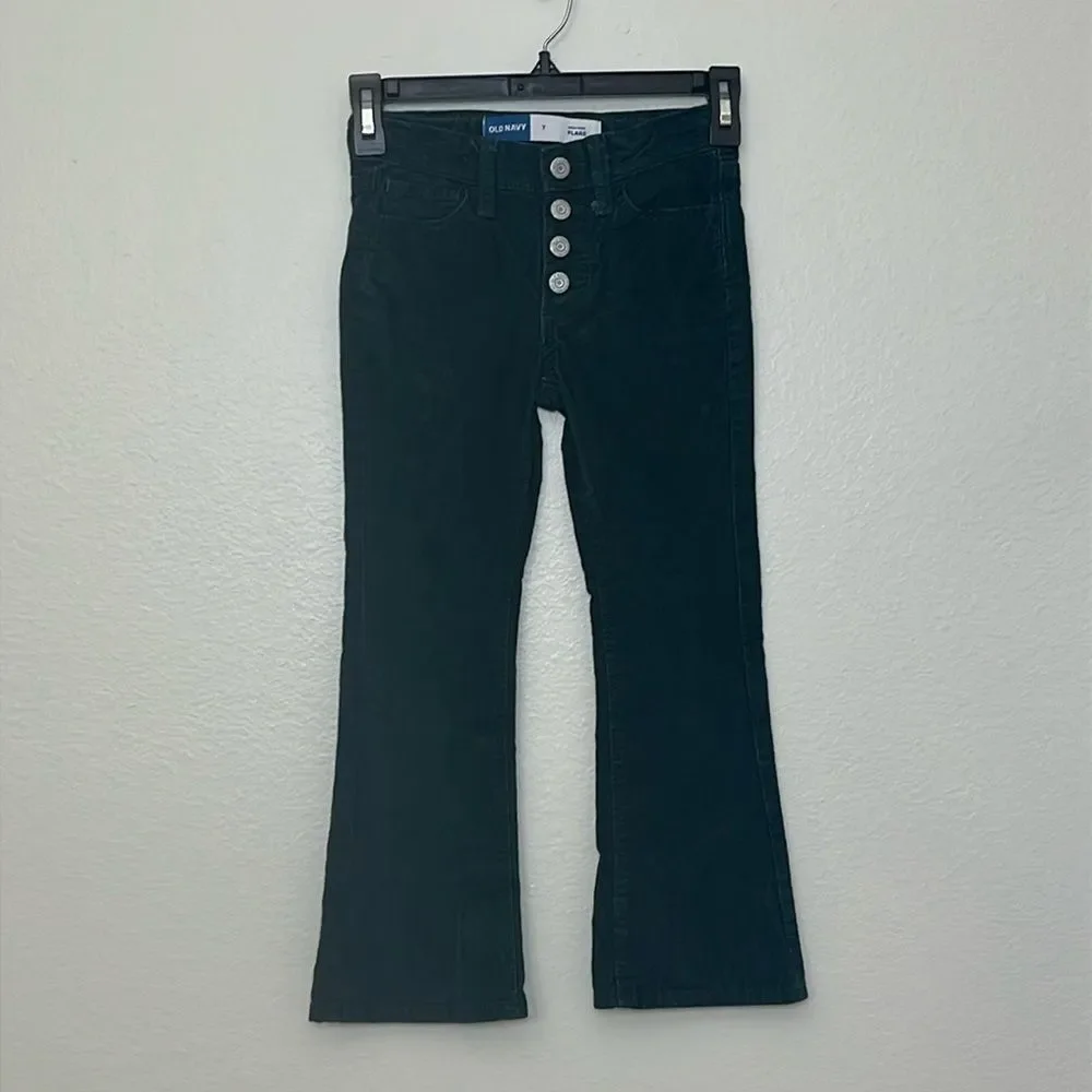 Old Navy High Rise Flare Pants Girls 7 Emerald Green Corduroy Soft Stretch